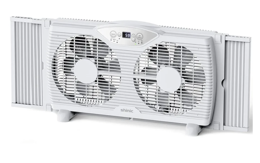 shinic Twin Window Fan, 9-Inch Blades Reversible Airflow, Thermostat Control, 3 Speeds, 3 Functions, 23.8"-37" Expandable Width, Window Exchaust Fans for Home Bedroom, ETL Certified