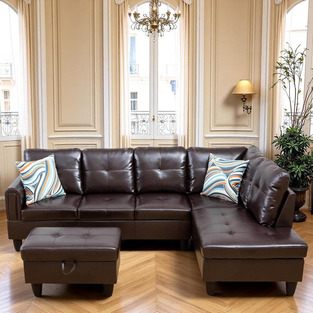 L Shaped Sectional Sofa with Ottoman, Leather Right Facing Modern Couches for Living Room, Bedroom, Office