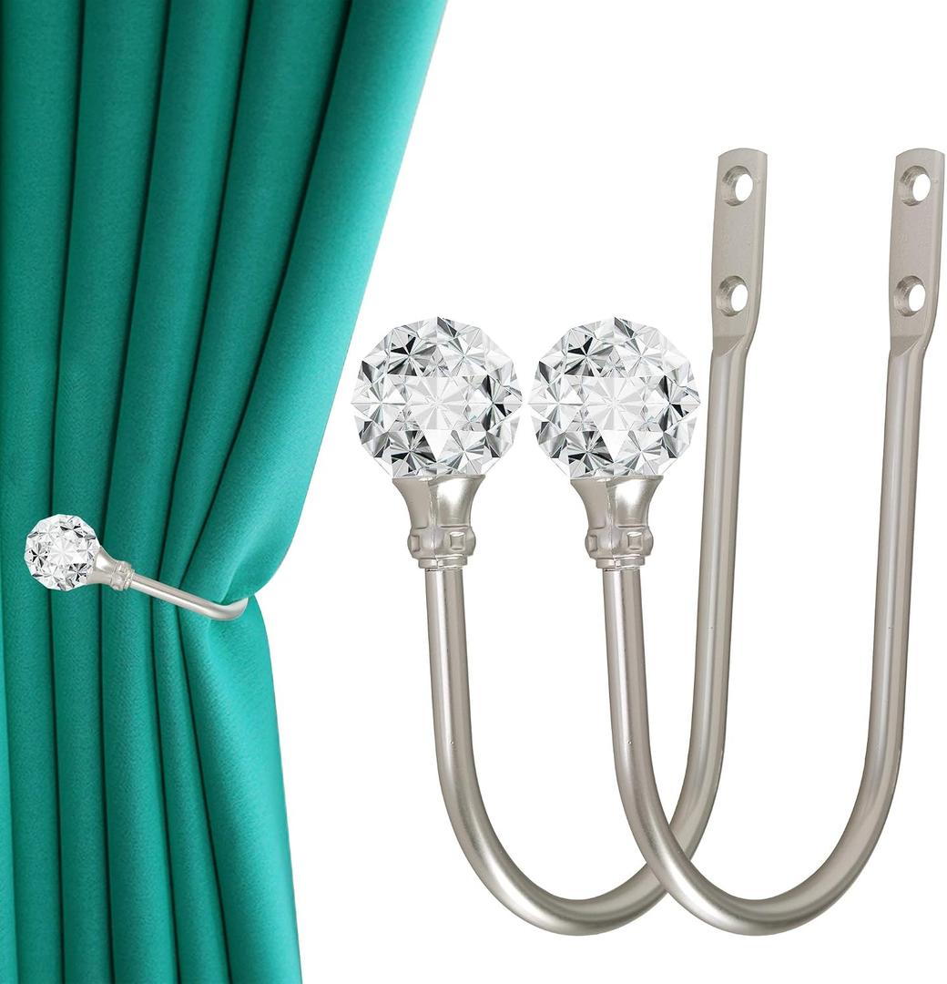 Curtain Holdback, 2pcs Wall Mounted Drapery Tiebacks with Clear Crystal Ball, Heavy Duty Metal Decorative Window Drapery Curtain Holder Curtain Hooks with Screws, Sliver