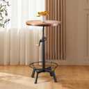 33.5-39.4 Inch Tall Industrial Bar Table-Adjustable Bar Height Bistro Whiskey Pub Table-23.7" Dia Swivel Round Wood Top Metal Base-Easily Adjusts by Crank Handle, H:34"-40"