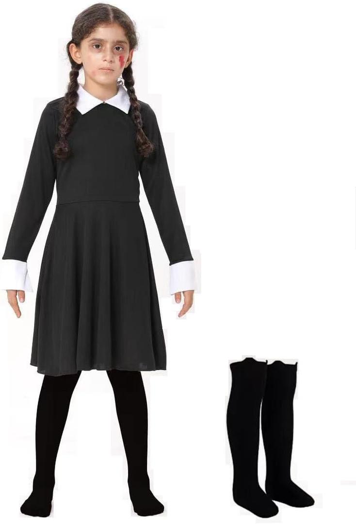Halloween Wednesday Costume Girls Black Dress Black Long Sleeve Collar Costume with High stocking (7-9 years)