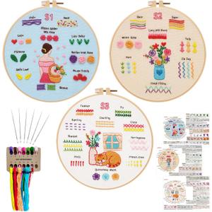 Nuberlic Embroidery Kit for Beginners - 3 Pack 28 Stitches Cross Stitch Starter Set with Embroidery Hoops, Threads & Needles for Home Decor & Relaxation