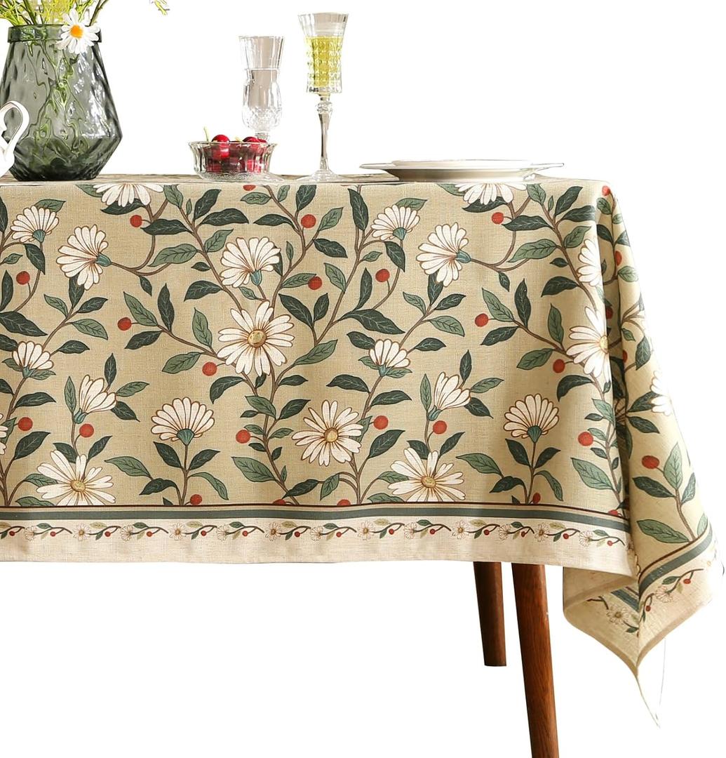 ISAENNE Designer Green Linen Table Cloth Rectangle, Floral French Country Indoor Tablecloth, Stain Resistant Home Decor Tablecloths for Dining Kitchen Thanksgiving Party,55"*79"-Brune