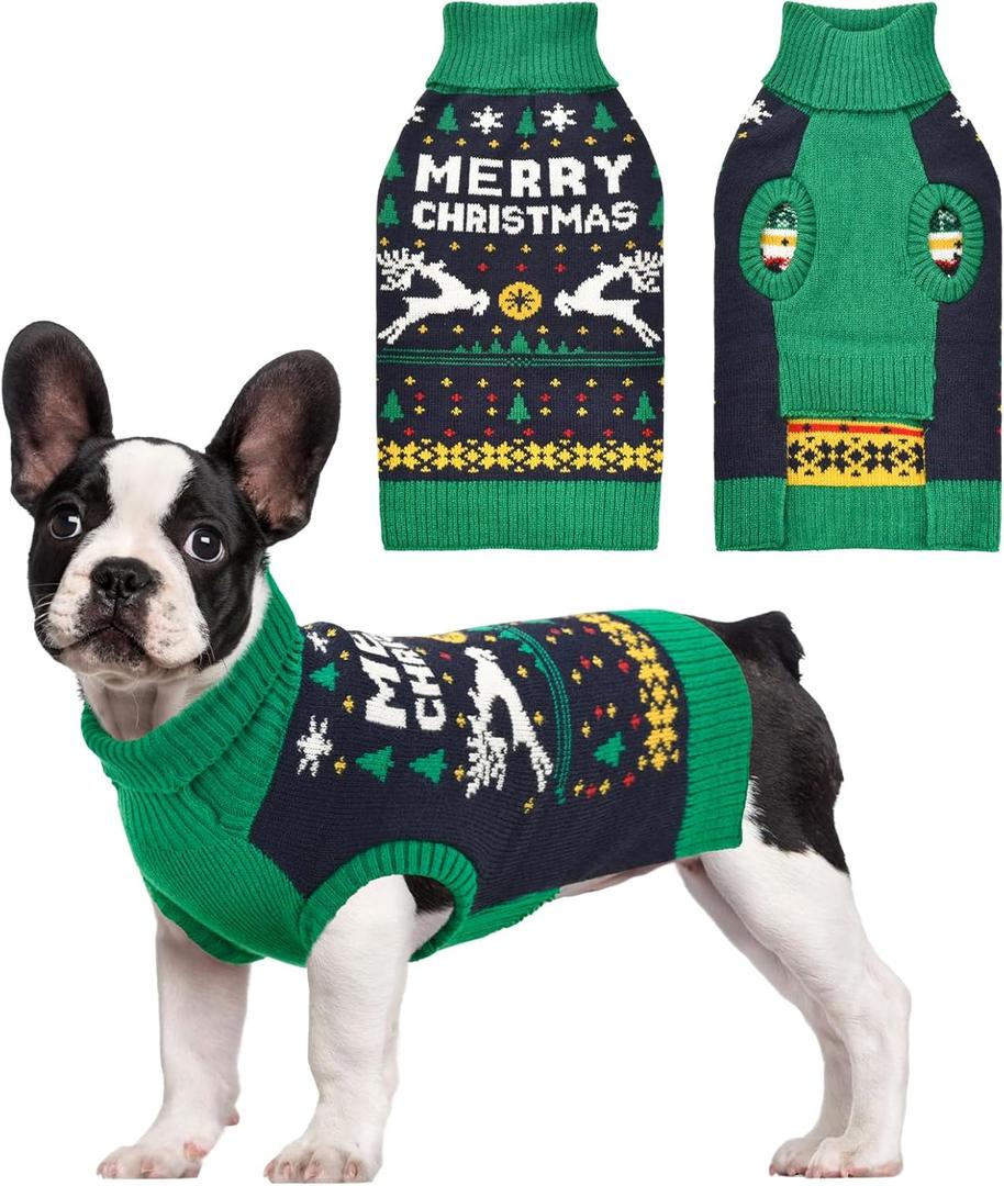 Vehomy Christmas Dog Sweater Xmas Pet Clothes Cat Puppy Turtleneck Knitwear with Christmas Trees Elks Snowflakes Xmas Knitted Sweaters Shirt Pullover Apparel for Small Medium Large Dogs M