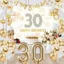 Champagne Gold 30th Birthday Decorations for Her, Happy 30th Birthday Decorations for Women with 30th Birthday Banner Backdrop, Large Number 30 Balloon, Hanging Swirls, Thirty Bday Party Balloons