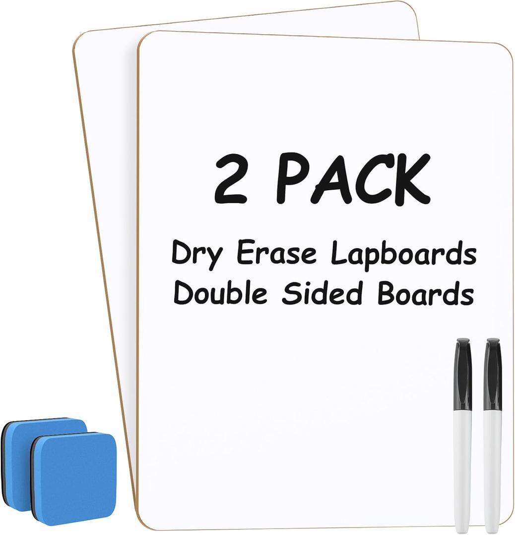 MaxGear Double Sided Dry Erase Board, 9'' x 12'' Small White Board, 2 Pack | Reusable Double Sided Surface, Easy to Write and Erase, Portable Small Learning Board, Includes 2 Markers and 2 Erasers