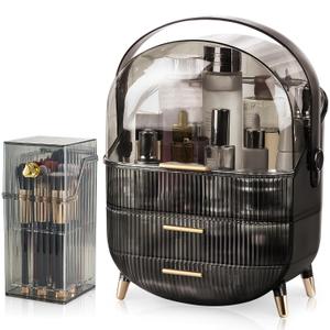 CANITORON Makeup Organizer,Large Capacity Skincare Organizer for Vanity,Cosmetic Organizer with 2 Drawers and Makeup Brush Holder for Bedroom Countertop and Bathroom Countertop Storage.(Gray) (Large + Brush Holder, Clear Gray)