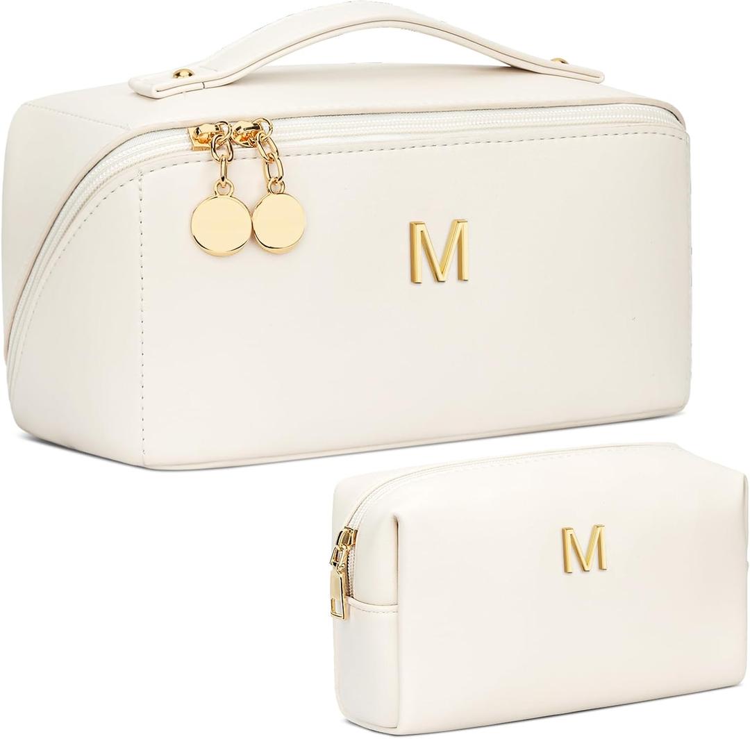 Birthday Gifts for Women Teen Girl, Personalized Initial Makeup Organizer Bag Set, Open Flat Travel Cosmetic Bag With Clear Divider and Handle(Beige,M)