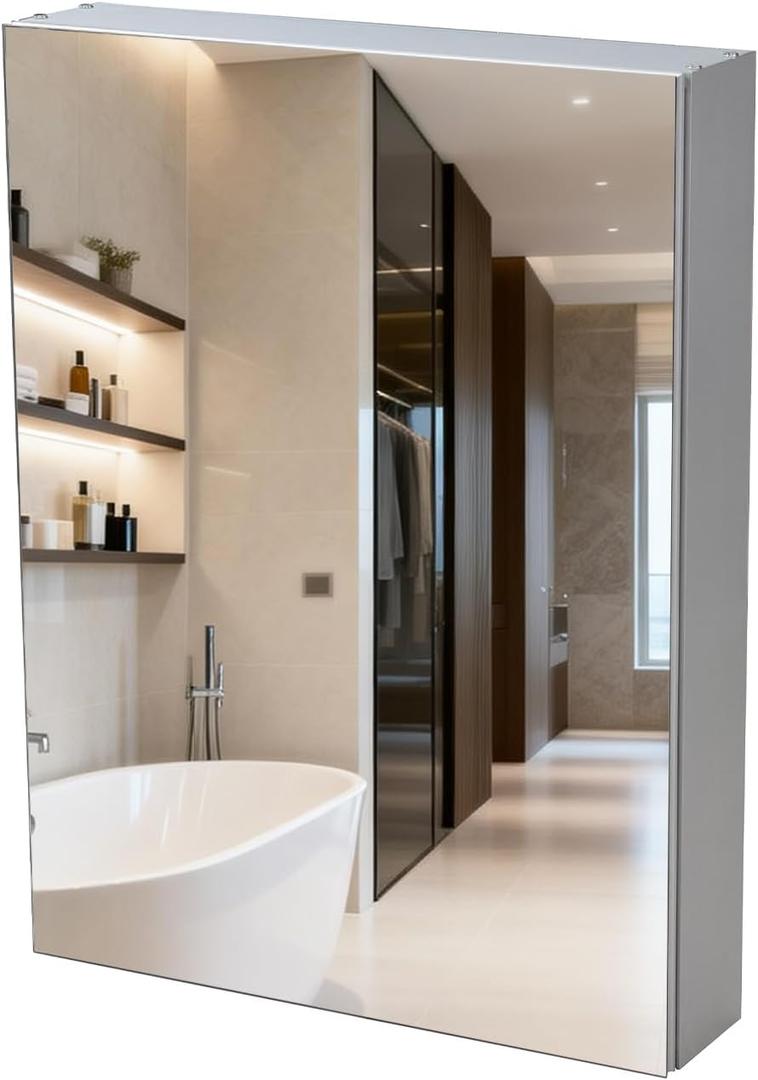 20"x 26"Bathroom Medicine Cabinet,Double-Sided Mirror Door | Silver Aluminium Frame,Lightweight,Sturdy and Attractive,Simple Wall-Mounted,Adjustable Shelves,Tempered Glass