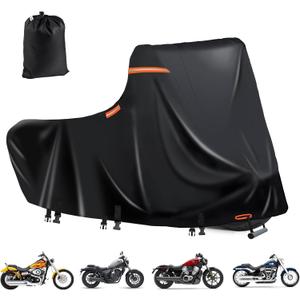 Motorcycle Cover Waterproof Outdoor,600D Heavy Duty Motorcycle Cover, Nano Silver Inner,5 Reflective Strips,2 Air Vents, Antenna Zipper for Softail Standard, Street Bob, Fat Boy(3XL 109"x44"x56" Black)