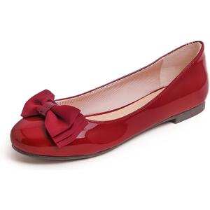 Feversole Women's Round Toe Cute Bow Trim Ballet Flats (8, Retro Red Patent Tri-bow)