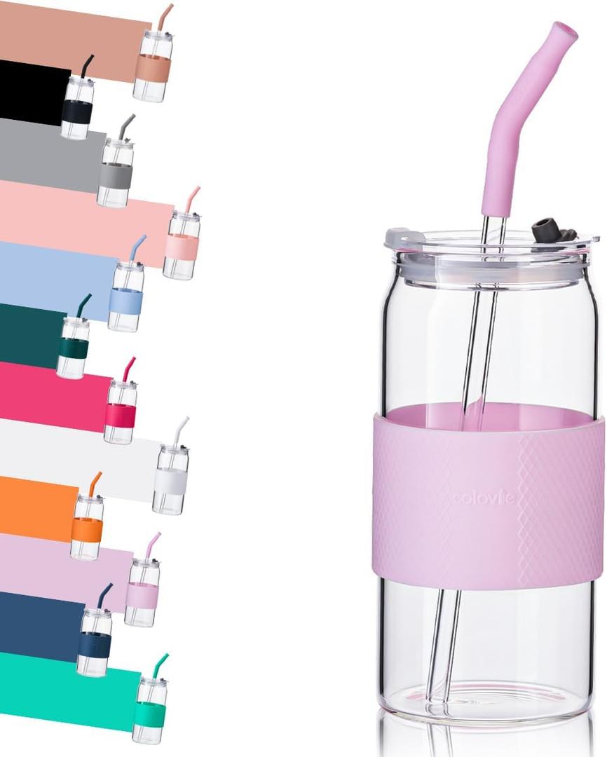 ColoVie Glass Tumbler with 3 IN 1 Lids and Glass Straws(Extra Silicone Tips), Silicone Protective Sleeve, Iced Coffee Cup, Travel Water Bottle, Soda Beer Can Cups, Hot Tea-Purple 20oz 1pc