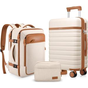 UKEIN Luggage Sets 3 Piece, PC Hardside Large Luggage 24Inch With Spinner Wheels with TSA Lock, Carry On Suitcase Set With Travel Backpack for Men (Beige, 3 piece set (24inch))