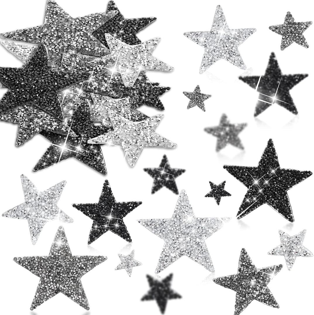 Geosar 60 Pcs Iron on Star Patches Star Shaped Rhinestone Appliques Adhesive Glitter Patches Rhinestone Appliques Embellishments for DIY(Black, Gray)