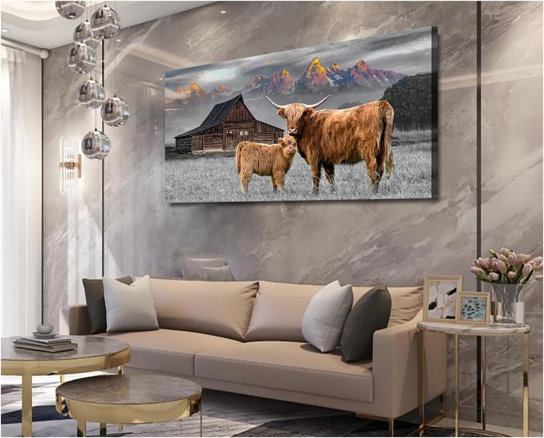 Highland Cow Canvas Wall Art - Animal Print Pictures 24x48 inches Highland cattle Photos Framed Farmhouse Painting for Home Dcor