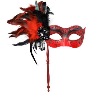 2025 New Masquerade Mask for Women with Stick - Shiny Women's Feather Mardi Gras Venetian Mask for Costume Accessory (Black Red)