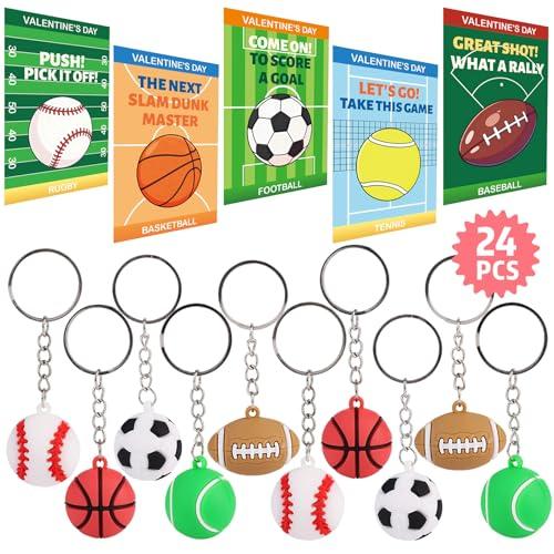 POATROZON 24 PackValentines Day Gifts for Kids Keychains with Valentine Gifts Cards for Boys Girls Classroom Exchange Stress Ball Sports