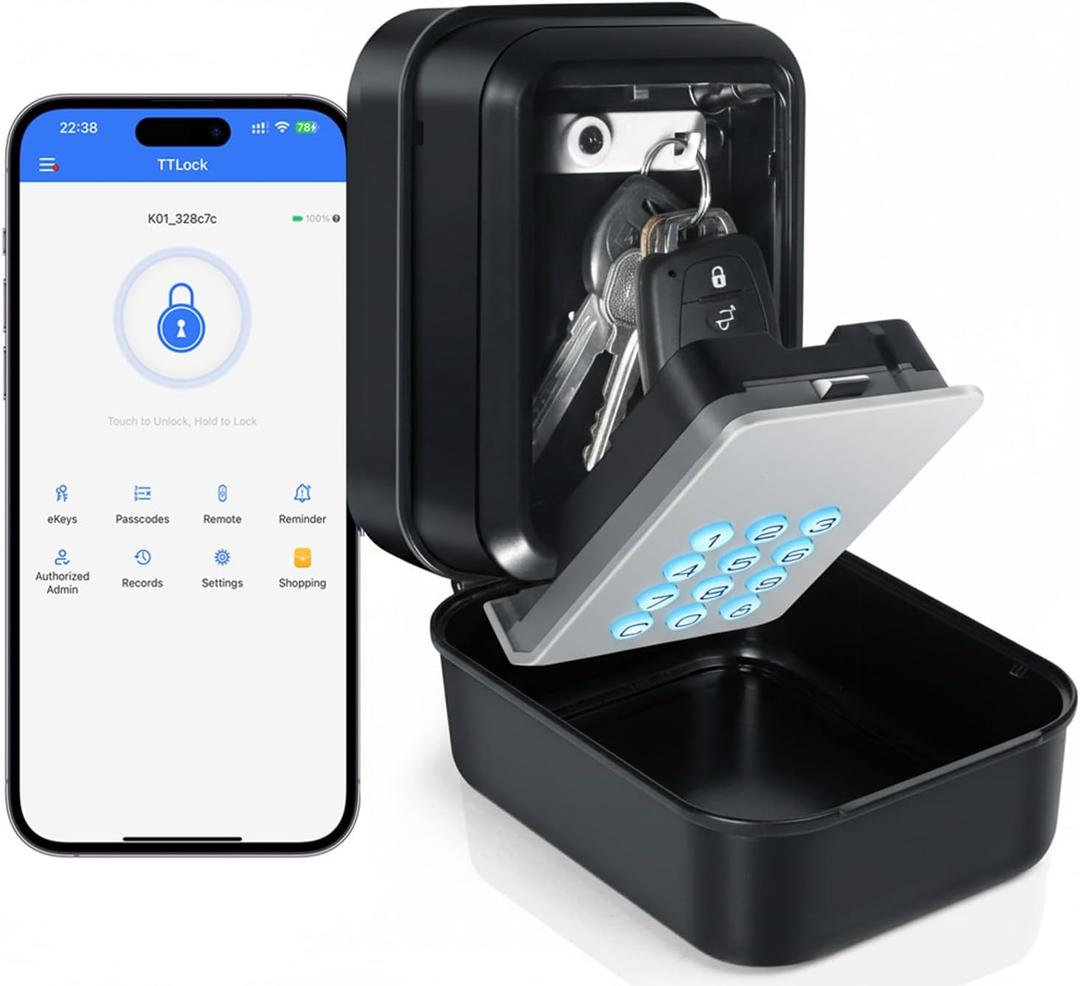 Smart Key Lock Box with Code  Bluetooth & PIN Unlock, APP Controlled Digital Lockbox for Keys, Generate eKeys and Remote Passcodes for Airbnb Landlords Families Realtors (Grey)