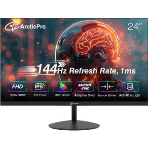 ArcticPro 24inch Computer Monitor, FHD 1080p, 144Hz Office and Gaming Monitor, IPS, Adaptive Sync, 110% sRGB, 1ms, 3-Sided Frameless, Ultra Slim, VESA Mountable, Anti-Blue Light Design, HDMI, DP