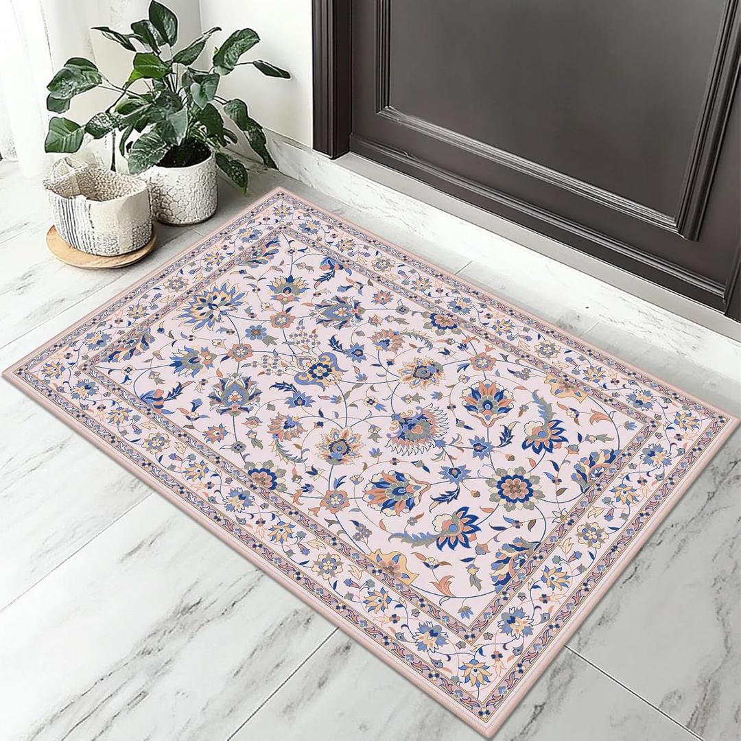 2x3 Entryway Rug 2x3 Washable Area Rugs Non-Slip Low Pile Throw Small Kitchen Rugs for Entryway Door Mat Indoor Entrance Bathroom,Printed Vintage Home Decor Rug (Pink Floral)
