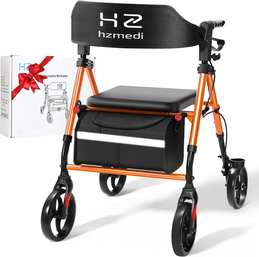 Foldable Walker for Seniors, Rollator Walker with Seat for Seniors, Ergonomic Arc Seat & 6" Ultra Backrest, 8" Big Wheels for All Terrain, Dual Height Adjustment, Lightweight (Deep Orange)