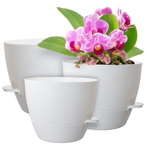 WSMKSZ 12/10/9 inch Large Self Watering Pots, Plant Pots with Mesh Drainage Holes for Indoor Outdoor Garden Plants, Flower Pots with Removable Deep Reservoir, Set of 3 Plastic Planters, White