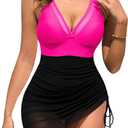 Edelqual Women One Piece Swim Dress Tummy Control Swimsuit Bathing Suit Mesh Sheer Slimming Sarong Wrap Beach Swimswear (X-Large, Rose Red and Black)