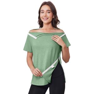 Deyeek Post Shoulder Surgery Shirts for Women Tear Away Side Snap Chemo Port Shirts Short Sleeve Adaptive Clothing (Green, XXXL)