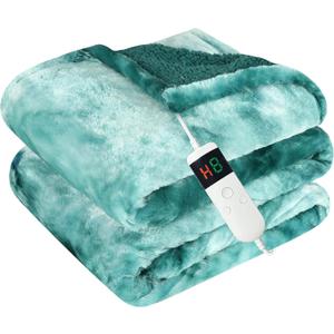 EHEYCIGA Electric Heated Blanket Throw Faux Fur, 10 Hours Auto Shut Off 9 Heating Levels Heating Blanket Throw, Soft Warm Heated Blanket Fast Heating Light Blue, Faux Fur & Sherpa
