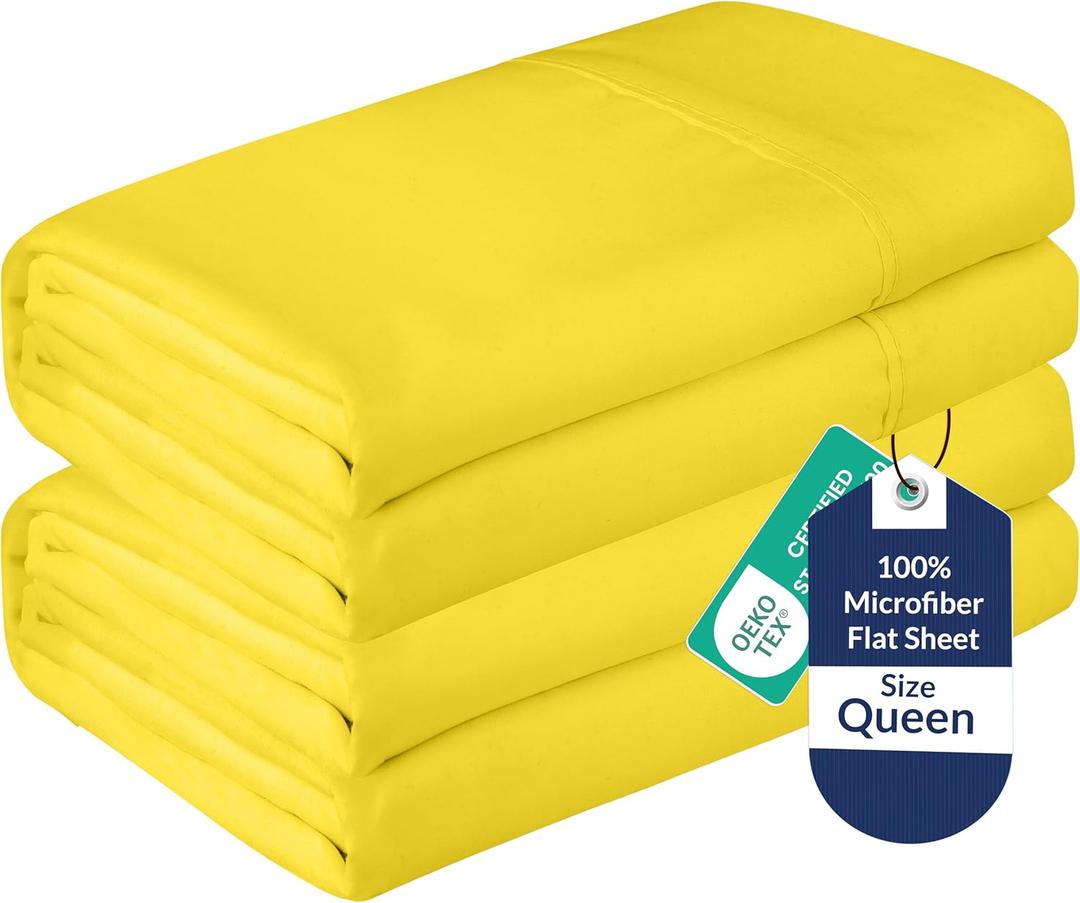 Royale Linens 2 Pack Bulk Flat Sheet Set - Top Sheets - Soft 1800 Microfiber - Wrinkle & Stain Resistant - for Hotel, Massage Table, Hospital, Dorm - Queen Flat Sheet Sold Separately (Queen, Yellow)