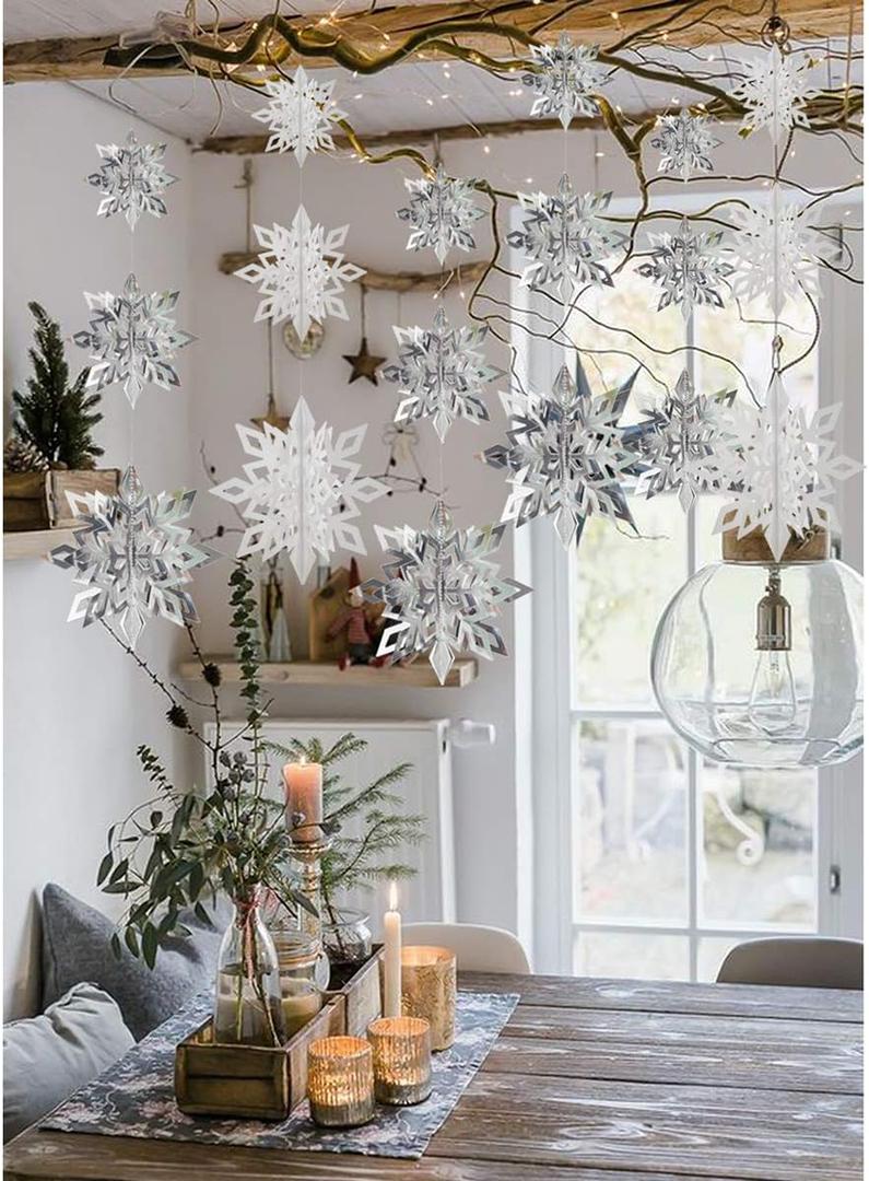 Crafare Christmas 3D Hanging Snowflakes Ornaments 3 Size 18PCS White Silver Snowflakes Hanging Garland for Winter Wonderland Holiday New Year Party Home Decoration