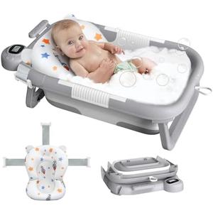 Reeple Collapsible Baby Bath Tub for Newborn to Toddler with Floating Cushion for Bath Support, Portable Baby Bath Tub with Real-Time Temperature Monitor, Baby Bath Essentials, Gray