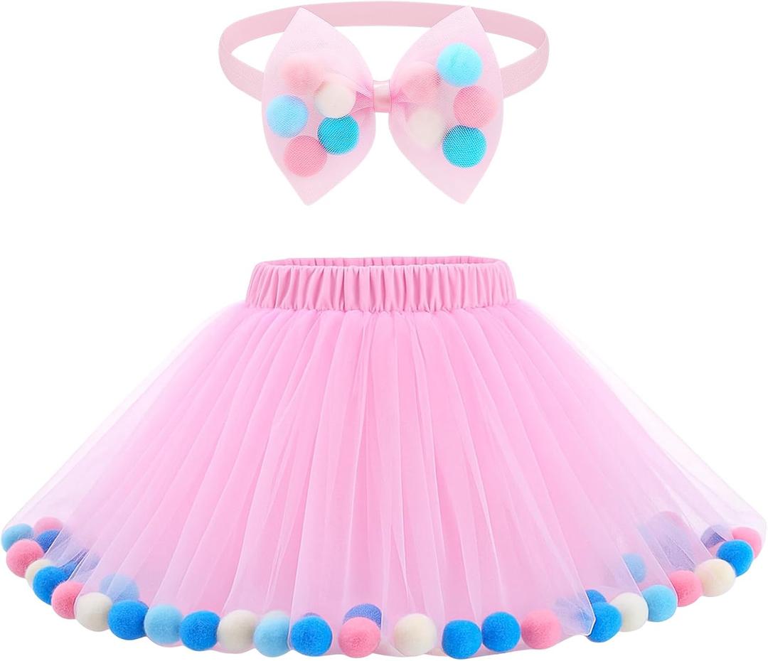 Tradder Tutu Skirt for Toddler Girl Colorful Floating Pom Pom Tulle Skirt Bow Headband Birthday Tutu Outfit Princess Ballet Dress(18-24 Months) Pink
