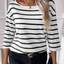 LilyCoco Womens 3/4 Length Sleeve Tops Striped Boat Neck Shirt Frenchy Cotton Tees White Small (S)