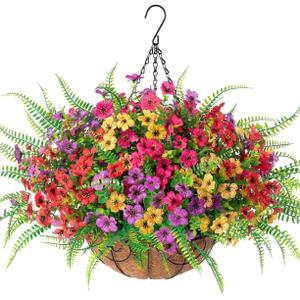 Artificial Faux Hanging Outdoor Flowers Plants Basket for Summer Outside Decoration, 14 Bundles Fake Silk UV Resistant Look Real Colorful Daisy Fern in Planter for Home Porch Patio Garden Yard Decor