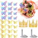 MARFOREVER Flower Bouquet Accessories Set, 2 Gold Crown 24 Pcs 3D Mixed Butterfly Decorations and 2 Sliver Glitter Powder for Mother's Day Valentine's Day Cake Topper Wedding Birthday Party Decor