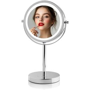 OVENTE 6" Lighted Makeup Mirror with 1X/7X Magnification, Cordless Tabletop Mount Vanity Round Mirror with 360° Swivel Design and Double Sided Cool Tone LED Ring Light, Polished Chrome MLT60CH1X7X