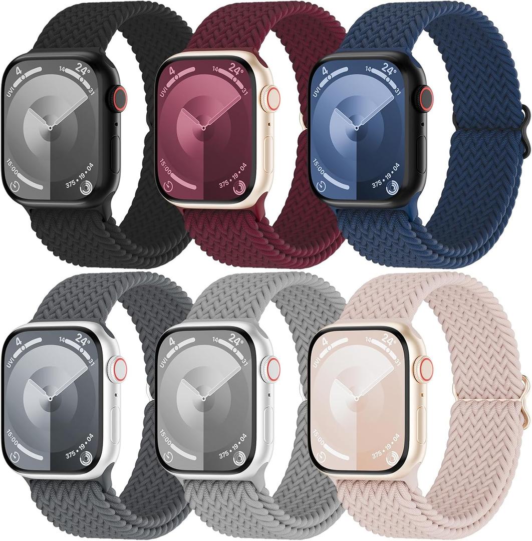 6 Pack Braided Stretch Solo Loop Bands Compatible with Apple Watch 38mm 40mm 41mm 42mm 44mm 45mm 46mm 49mm Women Men, Adjustable Nylon Elastics Strap for iWatch Series 10/9/8/7/6/5/4/3/2/1 Ultra SE