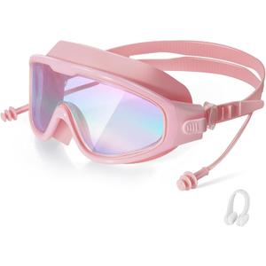 Adult Swimming Goggles,Leak-Proof,Anti-Fog Pool Glasses,Wide View Swim Goggles with Ear Plugs and Nose Clip (Dazzling Mirror Pink Frame)
