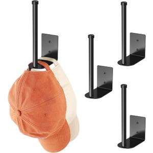 4 Pack Hat Racks for Baseball Caps, Stainless Steel Hat Organizer for Baseball Cap, Hat Holder Storage Organizer, H at Hanger Strong Adhesive/Wall Drilled for Door, Bedroom, Closet(Black 6 in)