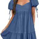 POTILI Denim Dress for Women Puff Short Sleeve Jean Dresses Sweetheart Neck Denim Mini Dress, M