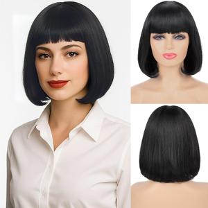 Black Bob Wigs For Women Costume Heat Resistant Black Wig With Bangs For Halloween Cosplay Party Use