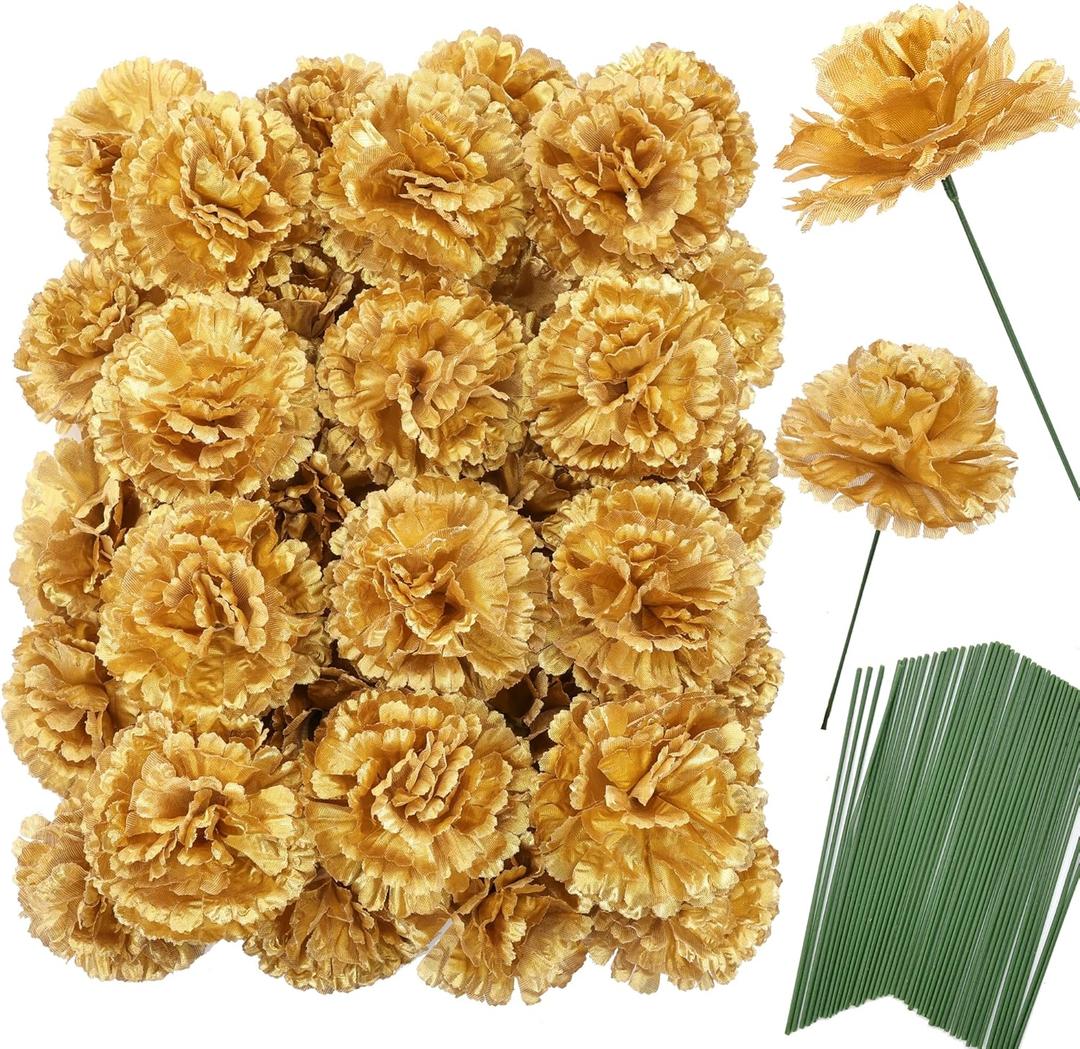 Jdsour 50 Pack Artificial Silk Carnation Picks, Artificial Flowers Carnation Heads with Stems for DIY Flower Wall Wedding Bouquets Centerpieces Arrangements Decorations -Gold