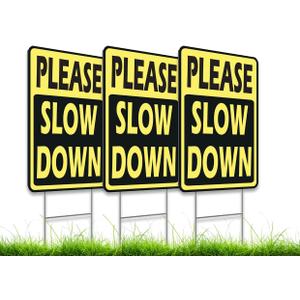 Set of 3 Double Sided 12x8 Inches Please Slow Down Signs with Stakes - Road, Traffic Safety Plastic Signs for Neighborhoods - Children and Kids at Play signs - Street Slow Children at Play Sign
