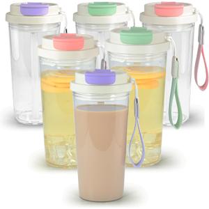 20 oz Plastic Coffee Tumbler with Lid, 6Pcs Reusable Plastic Cup, Iced Coffee Cup Drinking Glass Tumbler for Coffee, Soda, Tea, Milk, Juice, Gift, Mix Color (2pcs green, 2pcs purple, 2pcs pink)