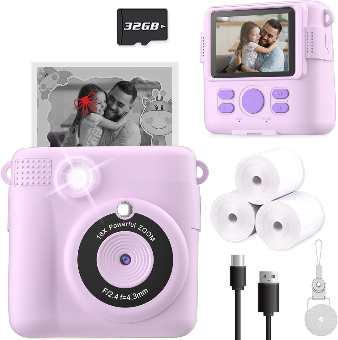 ESOXOFFORE Instant Print Camera for Kids, Christmas Birthday Gifts for Girls Boys Age 3-12,Kids Digital Cameras for Toddler, Portable Toy for 3 4 5 6 7 8 9 10 Year Old Girl with 32GB SD Card-Purple