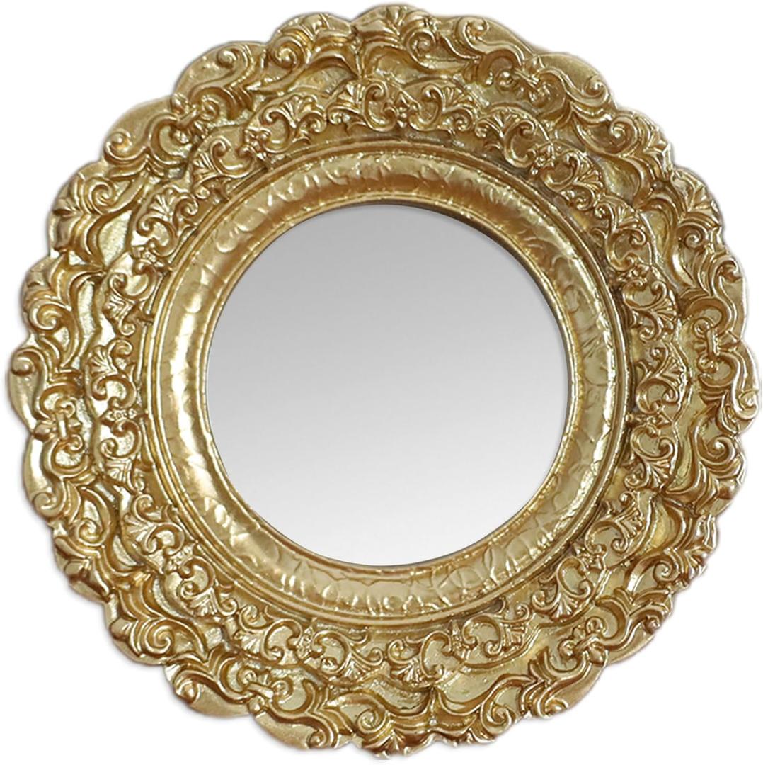 Golden Mini Vintage Mirror with Exquisite Relief Elegant Wall Decor for Bedroom Dresser Table Compact Resin Retro Design (Gold Round, 5X5)
