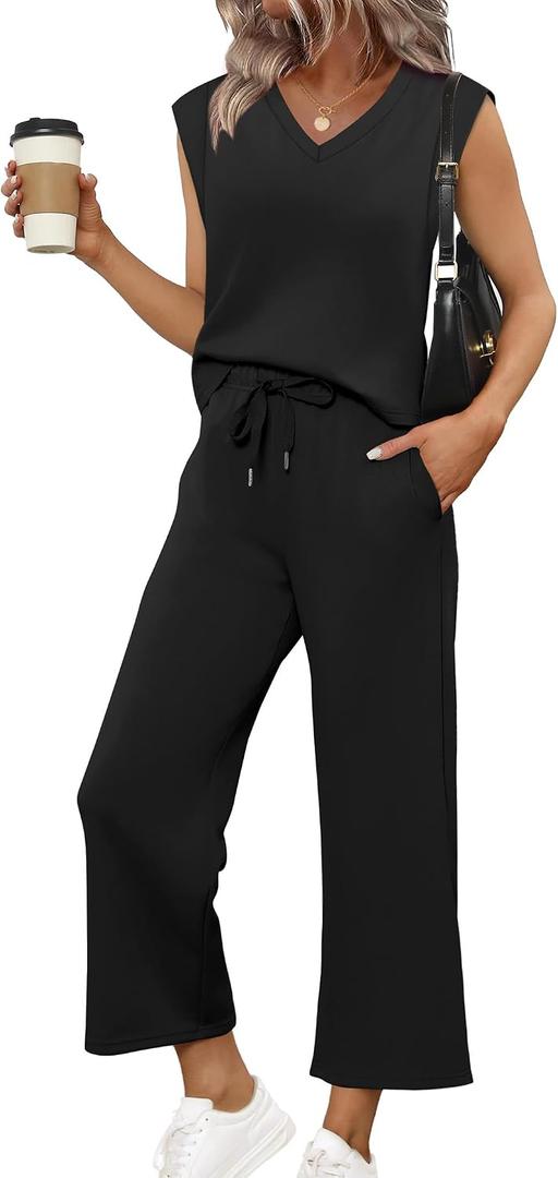 SAMPEEL Two Piece Sets for Women Summer Vacation Travel Outfits Business Casual Outfits Matching Sets Women Clothing (Black, M)
