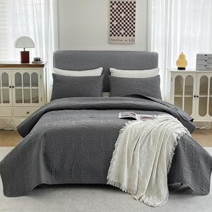 Bedspreads Queen Size,Ultrasonic Quilted Bed Cover with 1 Quilt and 2 Pillow Shams,Ultra Soft Microfiber Bedspread,Lightweight & Breathable, All Season Use,Dark Gray
