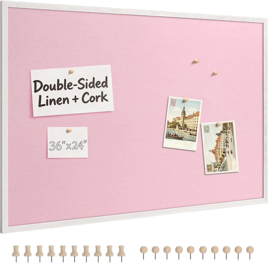 SELEAD Double-Sided Linen and Cork Bulletin Board (36"x24", Pink)